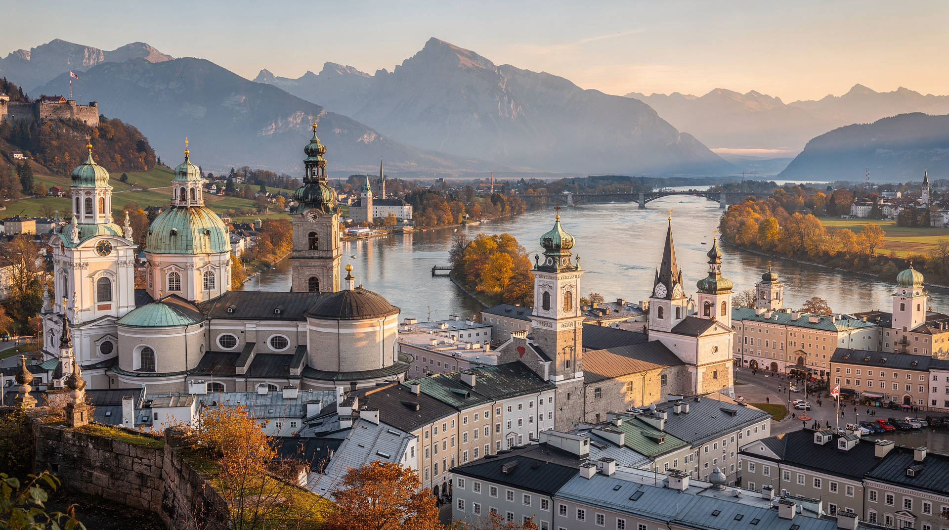 Salzburg skyline — the Hohensalzburg Fortress above the baroque old town and the Salzach river